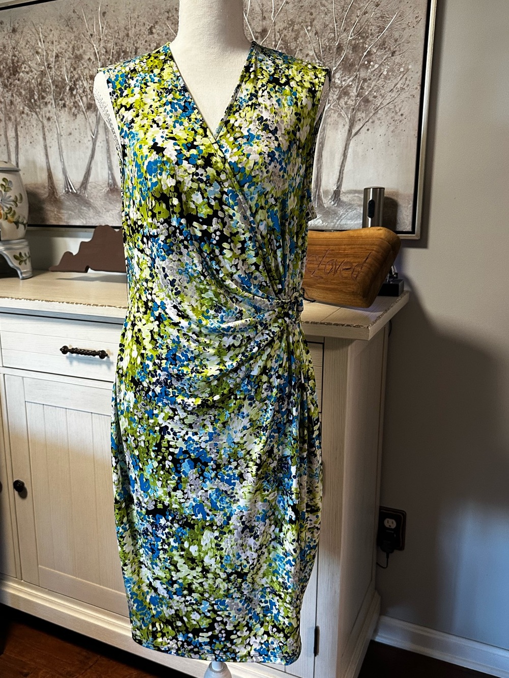 Kasper Sleeveless Blue & Green Printed Wrap Dress